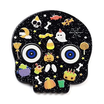 Halloween Printed Acrylic Pendants, with Glitter Powder, Skull, 37.5x35x2mm, Hole: 1.5mm