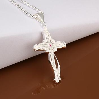 Simple Silver Color Plated Brass Cubic Zirconia Cross Pendant Unisex Necklaces, with Ball Chains, 18 inch