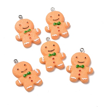Christmas Opaque Resin Pendants, with Platinum Tone Iron Loops, Gingerbread Man Charm, Green, 35x25x4.5mm, Hole: 2mm