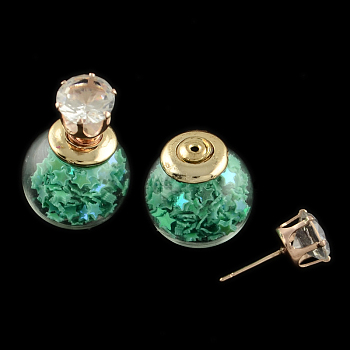 Girl's Double Sided Glass Ball Stud Earrings, with Star Paillette Beads inside, Rhinestones and Golden Iron Pins, Medium Sea Green, 16mm, 8mm, Pin: 0.7mm