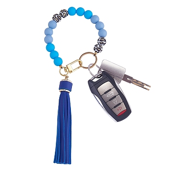 Silicone Round Beaded Keychain with Imitation Leather Tassel, with Alloy Swivel Clasps and 304 Stainless Steel Split Key Rings, Blue, 25cm