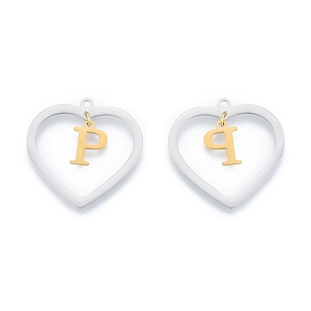 201 Stainless Steel Pendants, Hollow, Heart with Letter A~Z, Real Gold Plated & Stainless Steel Color, Letter.P, 29x29.5x1mm, Hole: 2mm, A~Z: 12x8~10.5x1mm