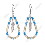 304 Stainless Steel Glass Seed Beads Dnagle Earrings, with 304 Stainless Steel Earring Hooks, Teardrop with Feather, Platinum, Light Sky Blue, 68x29mm(EJEW-FS00079)