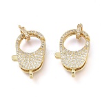 Brass Micro Pave Clear Cubic Zirconia Lobster Claw Clasps, Cadmium Free & Lead Free, with Bail Beads/Tube Bails, Long-Lasting Plated, Real 18K Gold Plated, 27x17.5x6mm, Hole: 2.5mm(ZIRC-L076-065G)
