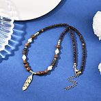 Dyed Synthetic Turquoise & Coconut & Wood Round Beaded Brass Feather Pendant Necklaces for Women, Floral White, Golden, 16.14 inch(41cm)(NJEW-JN05460-01)