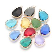Glass Pendants, with Brass Findings, Faceted, teardrop, Nickel Free, Raw(Unplated), Alice Blue, 24x16x5mm, Hole: 2mm(GLAA-S156B-M)