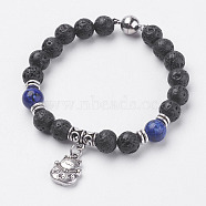 Natural Lava Rock Beads Kitten Charm Bracelets, with Lapis Lazuli, Magnetic Clasp and Alloy Finding, Maneki Neko/Beckoning Cat, Antique Silver, 7-1/4 inch(185mm), 15x11x3mm(BJEW-I241-14B)