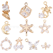 10Pcs 10 Style Brass Micro Clear Cubic Zirconia Charms, Faceted, Long-Lasting Plated, Mixed Shapes, Mixed Color, 1pc/style(ZIRC-PH0001-09G)