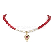 Heart Brass Cubic Zirconia Pendant Necklace, with Dyed Natural Malaysia Jade & Shell Pearl Beaded, Red, 15.55 inch(39.5cm)(NJEW-JN04599-01)