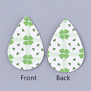 PU Leather Big Pendants, teardrop, with Clover Pattern, Irish Charms, Lime Green, 56x37x1.5mm, Hole: 1.2mm(X-FIND-S311-008B)