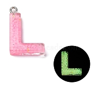 Luminous Resin Pendants, Glow in the Dark, with Platinum Plated Loop, Letter, Letter L, 24x16.5x5.5mm, Hole: 1.8mm(RESI-I059-L01)