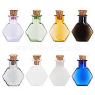 Elite 8pcs 8 colors Hexagon Dollhouse Miniature Glass Cork Bottles Ornament, Glass Empty Wishing Bottles for Doll House Decoration, Mixed Color, 3cm, Bottle: 25x20.5x8.5mm, 1pc/color(AJEW-PH0018-02)