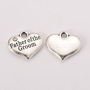 Wedding Theme Antique Silver Tone Tibetan Style Heart with Father of the Groom Rhinestone Charms, Crystal, 14x16x3mm, Hole: 2mm(X-TIBEP-N005-13D)