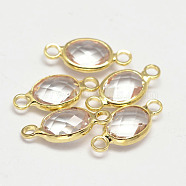 Oval Faceted Golden Brass Glass Links connectors, Clear, Golden, 15x7x3.2mm, Hole: 1mm(X-GLAA-O014-02G)