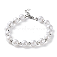 Plastic Pearl Round Beaded Bracelet, with 304 Stainless Steel Clasp, Stainless Steel Color, 7-1/8 inch(18cm)(BJEW-F463-02P)