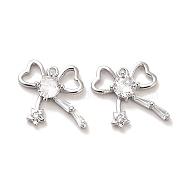 Brass Micro Pave Clear Cubic Zirconia Charms, with Glass, Bowknot, Real Platinum Plated, 12x13x3mm, Hole: 0.9mm(KK-C054-19P)