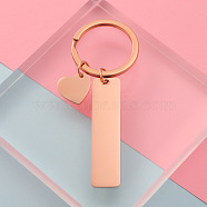 304 Stainless Steel Keychain, with Key Rings, Rectangle with Heart, Rose Gold, 80mm(HEAR-PW0001-144RG)