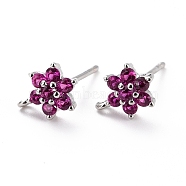 Brass Micro Pave Cubic Zirconia Stud Earrings Findings, Cadmium Free & Lead Free, Flower with Loop, Platinum, Cerise, 9.5x6.5x3mm, Hole: 0.8mm, Pin: 0.9mm(ZIRC-C027-14P-01-RS)