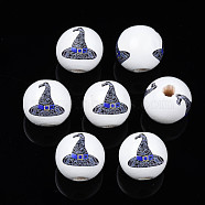 Halloween Printed Natural Wood Beads, Round with Witch Cap, Royal Blue, 15.5x14.5mm, Hole: 4mm(WOOD-S057-082)