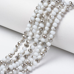 Electroplate Opaque Glass Beads Strands, Half Gray Plated, Faceted, Rondelle, Floral White, 8x6mm, Hole: 1mm, about 65~68pcs/strand, 15.7~16.1 inch(40~41cm)(EGLA-A034-P8mm-E11)