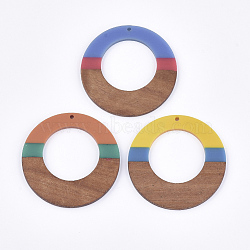 Resin & Walnut Wood Pendants, Tri-color, Flat Round, Mixed Color, 49x3~3.5mm, Hole: 2mm(RESI-S358-96)