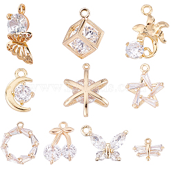 10Pcs 10 Style Brass Micro Clear Cubic Zirconia Charms, Faceted, Long-Lasting Plated, Mixed Shapes, Mixed Color, 1pc/style(ZIRC-PH0001-09G)