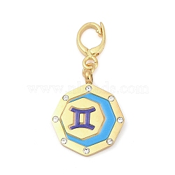 304 Stainless Steel Enamel Pendant Decoration, with Clear Cubic Zirconia, Octagon with Constellations, Golden, Gemini, 35.5mm(STAS-S168-01G-03)