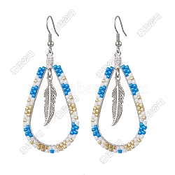 304 Stainless Steel Glass Seed Beads Dnagle Earrings, with 304 Stainless Steel Earring Hooks, Teardrop with Feather, Platinum, Light Sky Blue, 68x29mm(EJEW-FS00079)