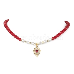 Heart Brass Cubic Zirconia Pendant Necklace, with Dyed Natural Malaysia Jade & Shell Pearl Beaded, Red, 15.55 inch(39.5cm)(NJEW-JN04599-01)