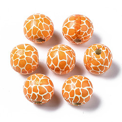 Painted Natural Wood European Beads, Large Hole Beads, Printed, Round with Leopard Print, Orange, 16x15mm, Hole: 4mm(X-WOOD-S057-055)