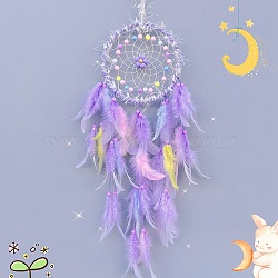 Woven Web/Net with Feather Decorations, with Iron Ring, for Home Bedroom Hanging Decorations, Flower, Lilac, 580mm(PW-WG13259-03)
