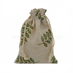 Linenette Drawstring Bags, Rectangle, Leaf Pattern, 18x13cm(CON-PW0001-078B-14)