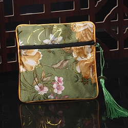 Square Chinese Style Cloth Tassel Bags, with Zipper, for Bracelet, Necklace, Yellow Green, 11.5x11.5cm(PW-WG62144-11)