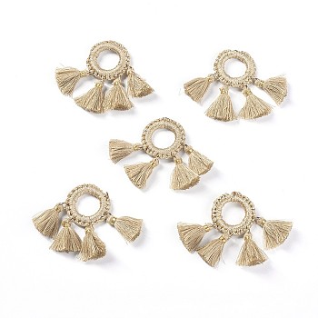 Cotton Tassel Pendants, with Iron Findings, Golden, Khaki, 45.5~46x60~65x3~3.5mm, Hole: 14mm