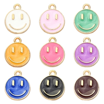 18Pcs 9 Colors Alloy Enamel Charms, Flat Round with Smiling Face, Mixed Color, 14.5x12x1.5mm, Hole: 1.5mm, 2pcs/color