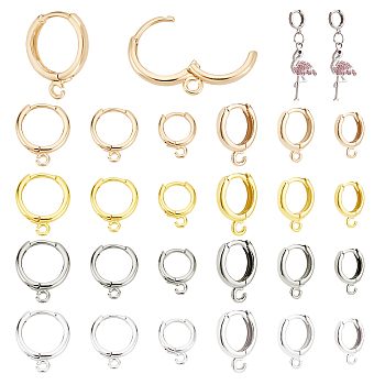 24Pcs 12 Styles Brass Huggie Hoop Earring Findings, with Horizontal Loops, Mixed Color, 12 Gauge, 12~16.5x9.5~13.5x2mm, Hole: 1.5~1.8mm, Pin: 1mm, 2Pcs/style