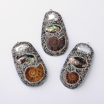 Conch Natural Fossil Pendants, with Paua/Abalone Shell, Pearl and Grade A Rhinestones, Hematite, 69~80x34~45x7~9mm, Hole: 2mm