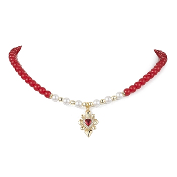 Heart Brass Cubic Zirconia Pendant Necklace, with Dyed Natural Malaysia Jade & Shell Pearl Beaded, Red, 15.55 inch(39.5cm)