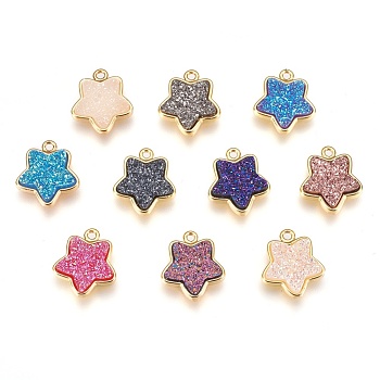 Resin Imitation Druzy Crystal Pendants, with Brass Findings, Star, Golden, Mixed Color, 17.5x15x4~5mm, Hole: 1.5mm