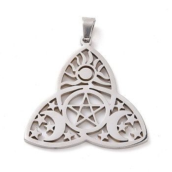 304 Stainless Steel Hollow Pendants, Trinity Knot with Star/Moon/Sun, Stainless Steel Color, 30x29x1mm, Hole: 5x3mm