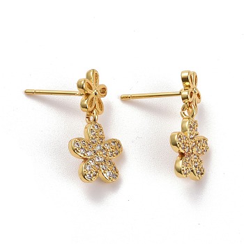 Flower Micro Pave Clear Cubic Zirconia Ear Studs for Her, Brass Dangle Earrings, Lead Free & Cadmium Free, Real 18K Gold Plated, 19.5x10.5mm, Pin: 0.9mm, Pentand: 13x10.5x2mm