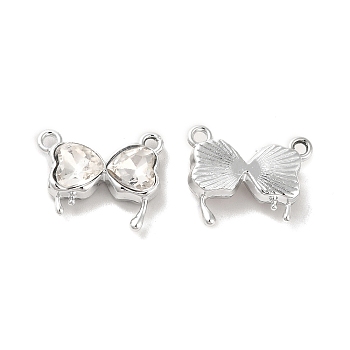 Glass Charms, Rack Plating Platinum Alloy Findings, Nickel Free, Bowknot, Clear, 14x16x4.5mm, Hole: 1.5mm