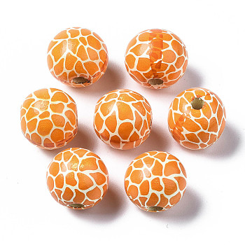 Painted Natural Wood European Beads, Large Hole Beads, Printed, Round with Leopard Print, Orange, 16x15mm, Hole: 4mm