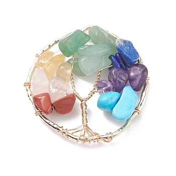 Alloy Gemstone Chip Pendants, Natural Green Aventurine & Red Jasper & Rose Quartz & Citrine & Lapis Lazuli & Amethyst, Synthetic Howlite, with Copper Wire Wrapped, Mixed Dyed and Undyed, Ring with Tree, Real 18K Gold Plated, 35~36x34~35.5x6~9mm, Hole: 3~3.2x1~1.4mm