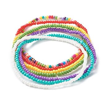 Candy Color Glass Seed Beads Anklets Set, Dainty Thin Beads Stackable Anklets for Women, Mixed Color, Inner Diameter: 2-1/2 inch(6.3cm), 7pcs/set