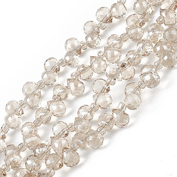 Transparent Electroplate Glass Beads Strands, Faceted, Top Drilled Teardrop, Pearl Luster Plated, Tan, 8x6~6.5mm, Hole: 0.8mm, about 98~100pcs/strand, 18.90~26.77 inch(48~68cm)