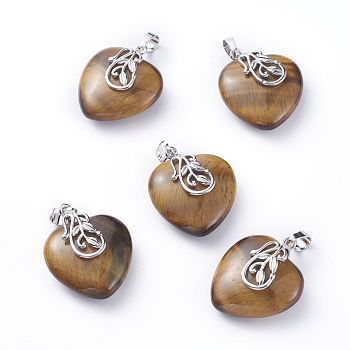 Natural Tiger Eye Pendants, with Platinum Tone Brass Ice Pick Pinch Bails, Heart, 31~32x25~26x11~12mm, Hole: 7x5mm