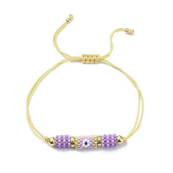Glass Seed Column with Evil Eye Link Bracelet, Adjustable Bracelet for Women, Medium Purple, Inner Diameter: 1/2~2-1/8 inch(1.4~5.3cm)