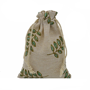 Linenette Drawstring Bags, Rectangle, Leaf Pattern, 18x13cm