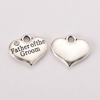 Wedding Theme Antique Silver Tone Tibetan Style Heart with Father of the Groom Rhinestone Charms, Crystal, 14x16x3mm, Hole: 2mm